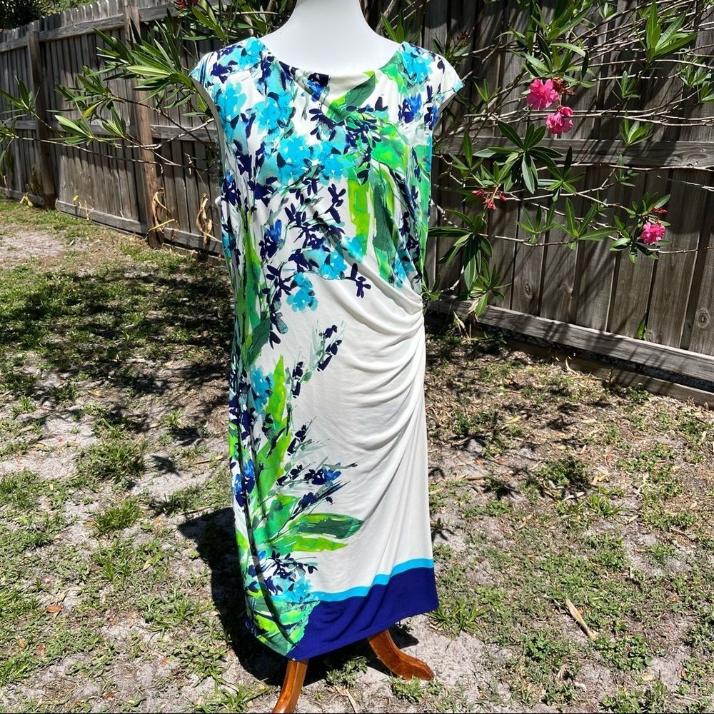 Lauren Ralph Lauren Ladies Pretty Blue Green Floral Ruched Sleeveless Dress 18